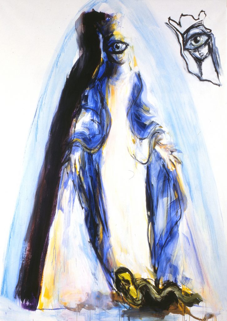 1987 "Madonna", Afgebeeld in catalogus “Kunst zonder kerk” en de gelijknamige tentoonstelling in 2002 in het museum voor regionale kunst in Uden en in 2014 in het Odapark Venray bij de tentoonstelling “Like a virgin”, 240 x 120 cm, Olieverf op linnen