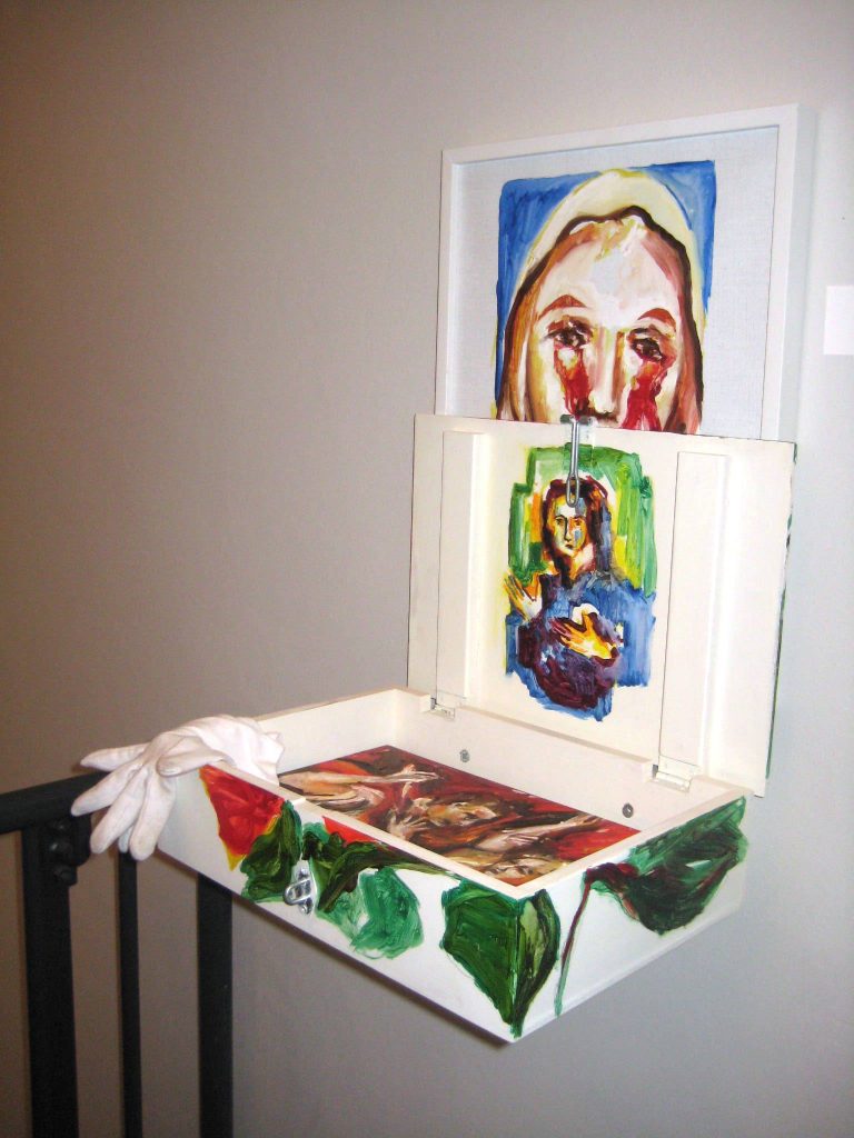 1994 "Een Stemming", Tentoongesteld in de tweede kamer Den Haag 75 jaar vrouwenkiesrecht, Houten kistje 40 x 28 x 12 cm en 40 x 30 cm, Olieverf op hout, linnen