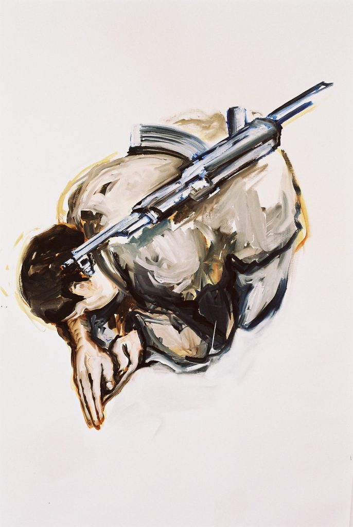 2004 “Sai tua huilt en bid tom verlossing, een AK-47 op de rug” tentoongesteld bij ART ART ART o.a in Bergamo Italië, 130 x 90 cm, Olieverf op linnen